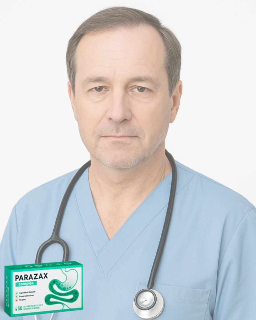 Arzt mit Stethoskop und Parazax Complex Packung.